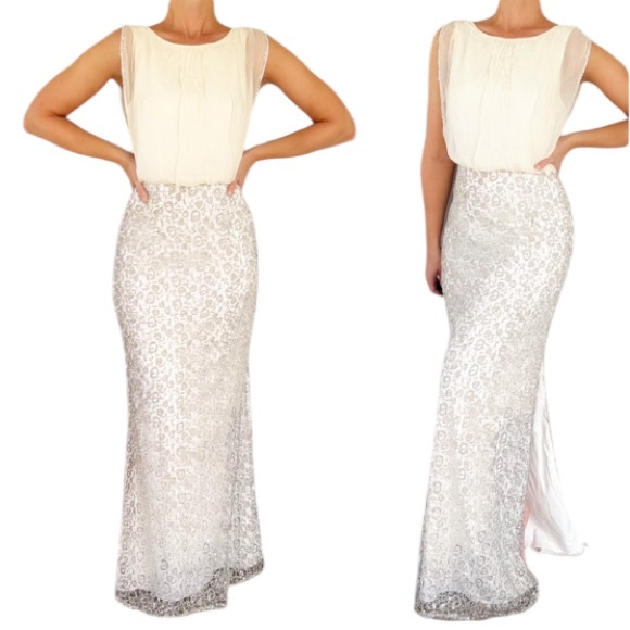 Aidan Mattox white silver lace embroidered sequin draped top gown size 4 - Picture 1 of 13